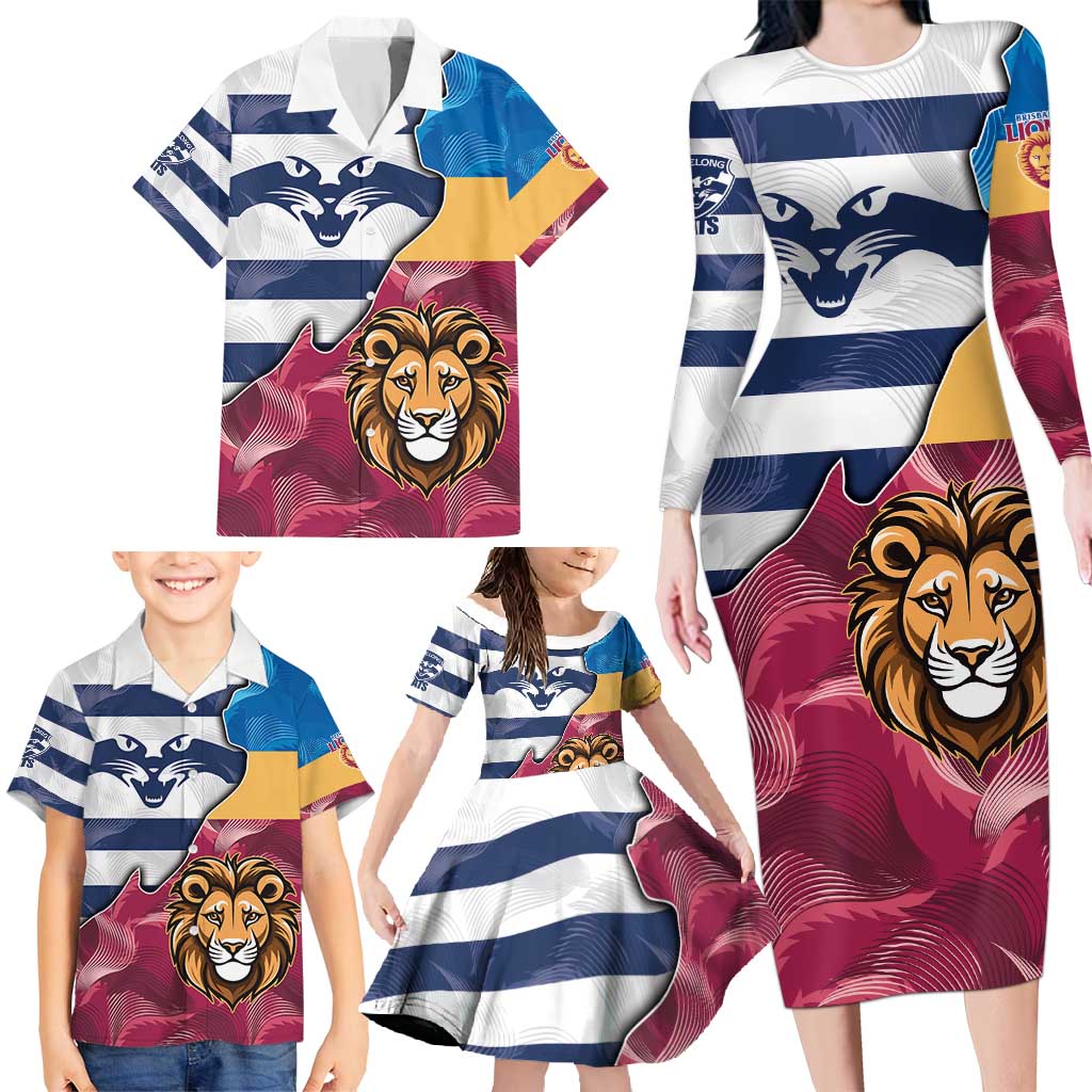 Brisbane-Geelong Football Custom Family Matching Long Sleeve Bodycon Dress and Hawaiian Shirt Cracked Metal Style