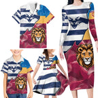 Brisbane-Geelong Football Custom Family Matching Long Sleeve Bodycon Dress and Hawaiian Shirt Cracked Metal Style