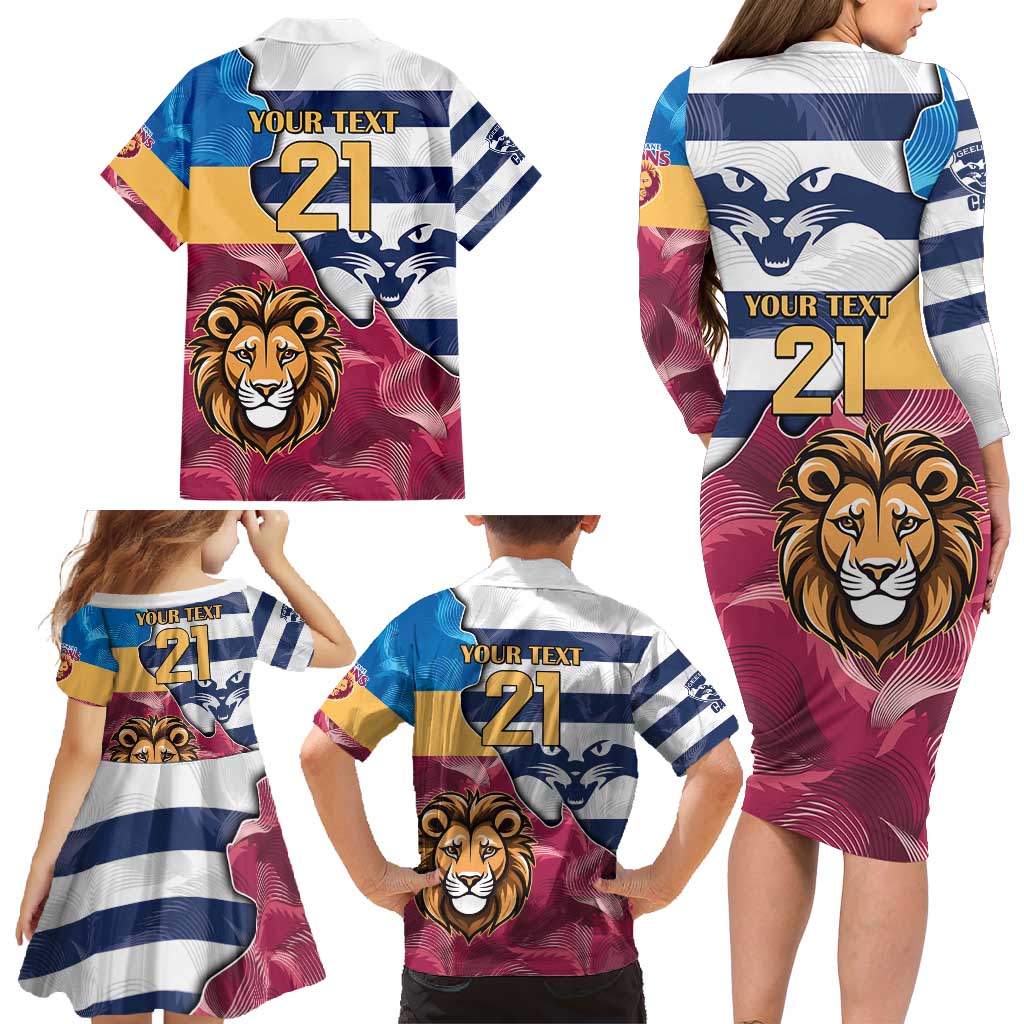 Brisbane-Geelong Football Custom Family Matching Long Sleeve Bodycon Dress and Hawaiian Shirt Cracked Metal Style