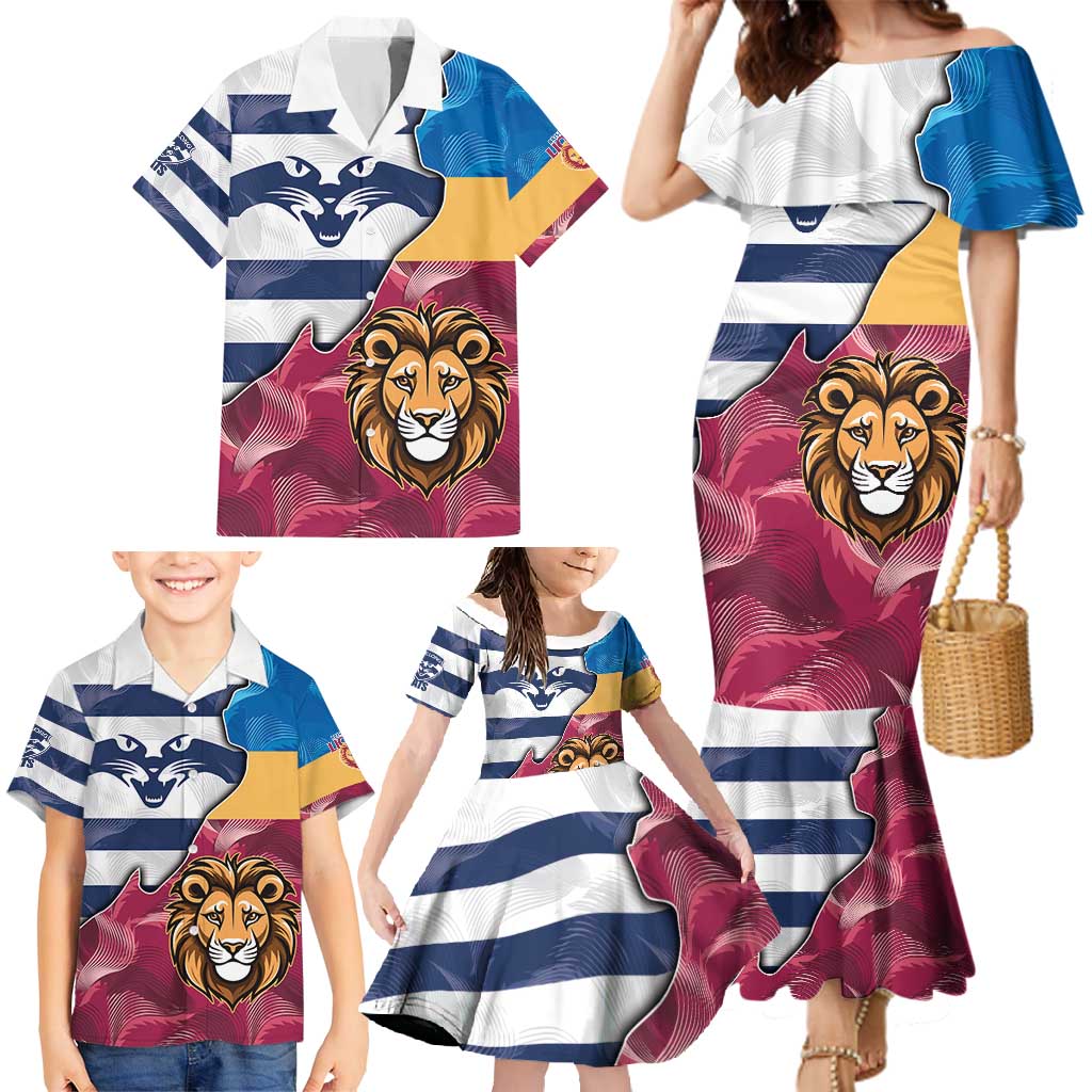 Brisbane-Geelong Football Custom Family Matching Mermaid Dress and Hawaiian Shirt Cracked Metal Style