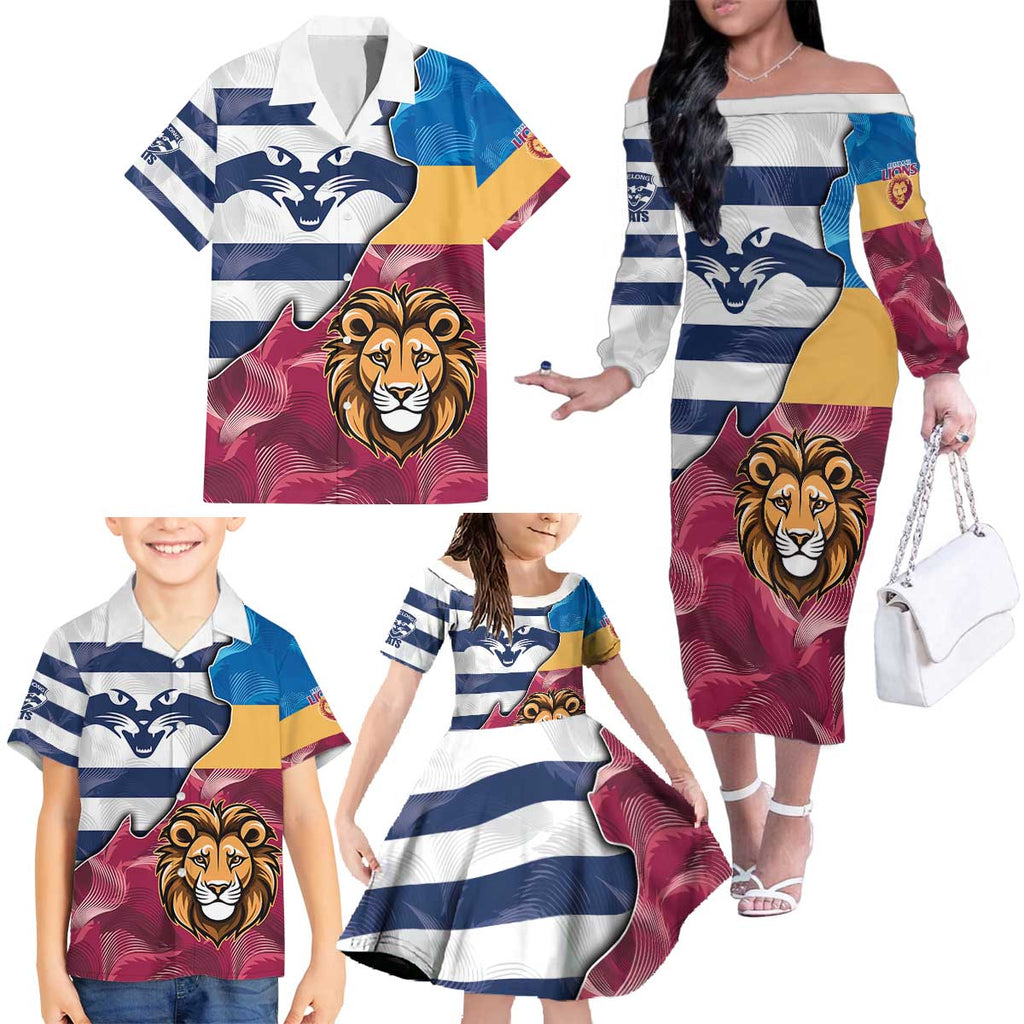 Brisbane-Geelong Football Custom Family Matching Off The Shoulder Long Sleeve Dress and Hawaiian Shirt Cracked Metal Style