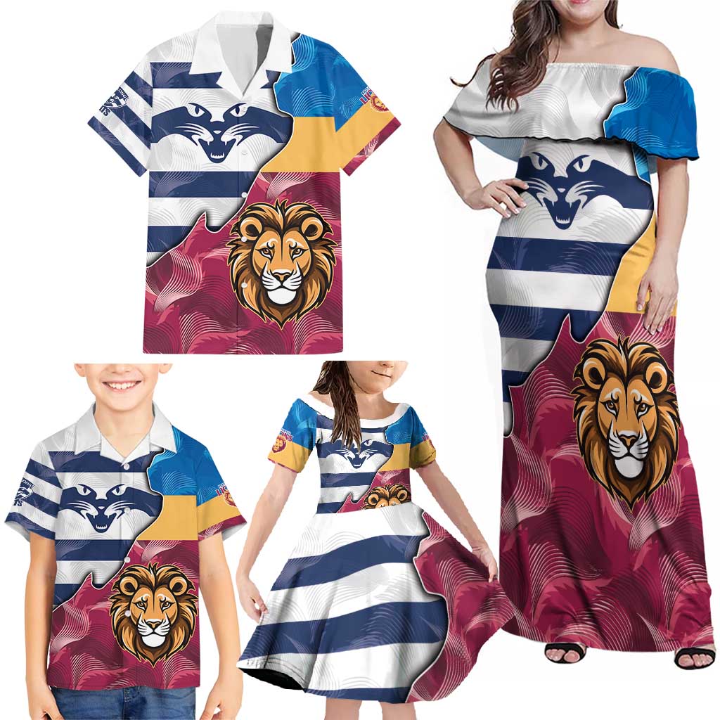 Brisbane-Geelong Football Custom Family Matching Off Shoulder Maxi Dress and Hawaiian Shirt Cracked Metal Style
