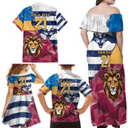 Brisbane-Geelong Football Custom Family Matching Off Shoulder Maxi Dress and Hawaiian Shirt Cracked Metal Style