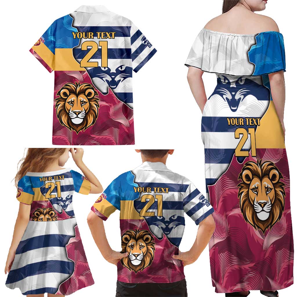 Brisbane-Geelong Football Custom Family Matching Off Shoulder Maxi Dress and Hawaiian Shirt Cracked Metal Style