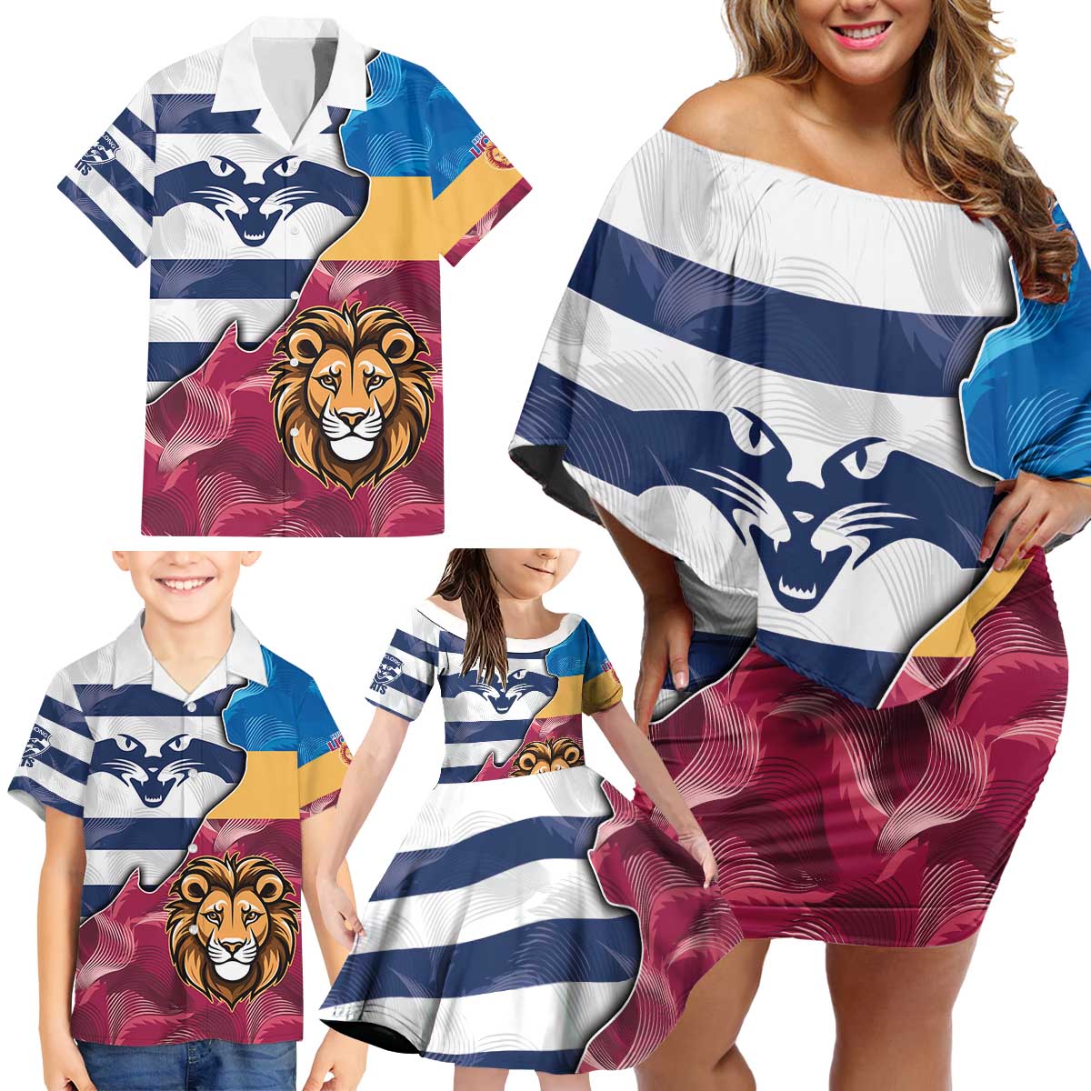 Brisbane-Geelong Football Custom Family Matching Off Shoulder Short Dress and Hawaiian Shirt Cracked Metal Style