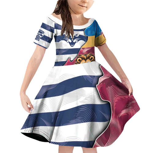 Brisbane-Geelong Football Custom Family Matching Off Shoulder Short Dress and Hawaiian Shirt Cracked Metal Style