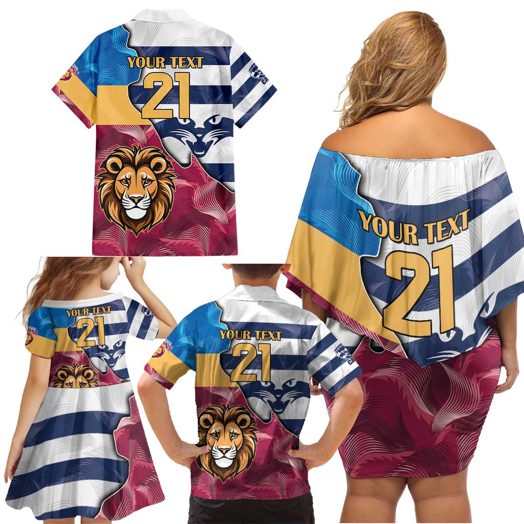 Brisbane-Geelong Football Custom Family Matching Off Shoulder Short Dress and Hawaiian Shirt Cracked Metal Style