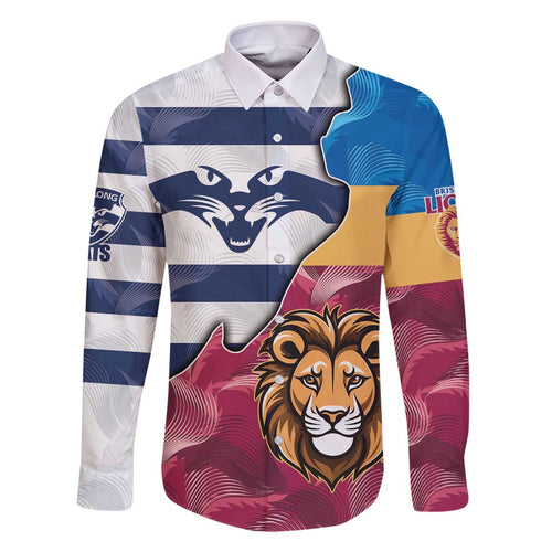 Brisbane-Geelong Football Custom Family Matching Off Shoulder Short Dress and Hawaiian Shirt Cracked Metal Style