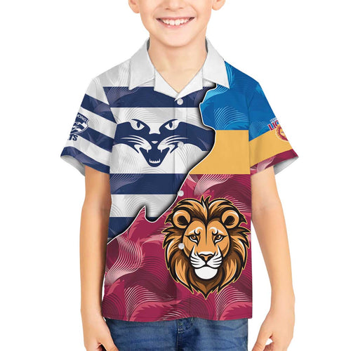 Brisbane-Geelong Football Custom Family Matching Off Shoulder Short Dress and Hawaiian Shirt Cracked Metal Style