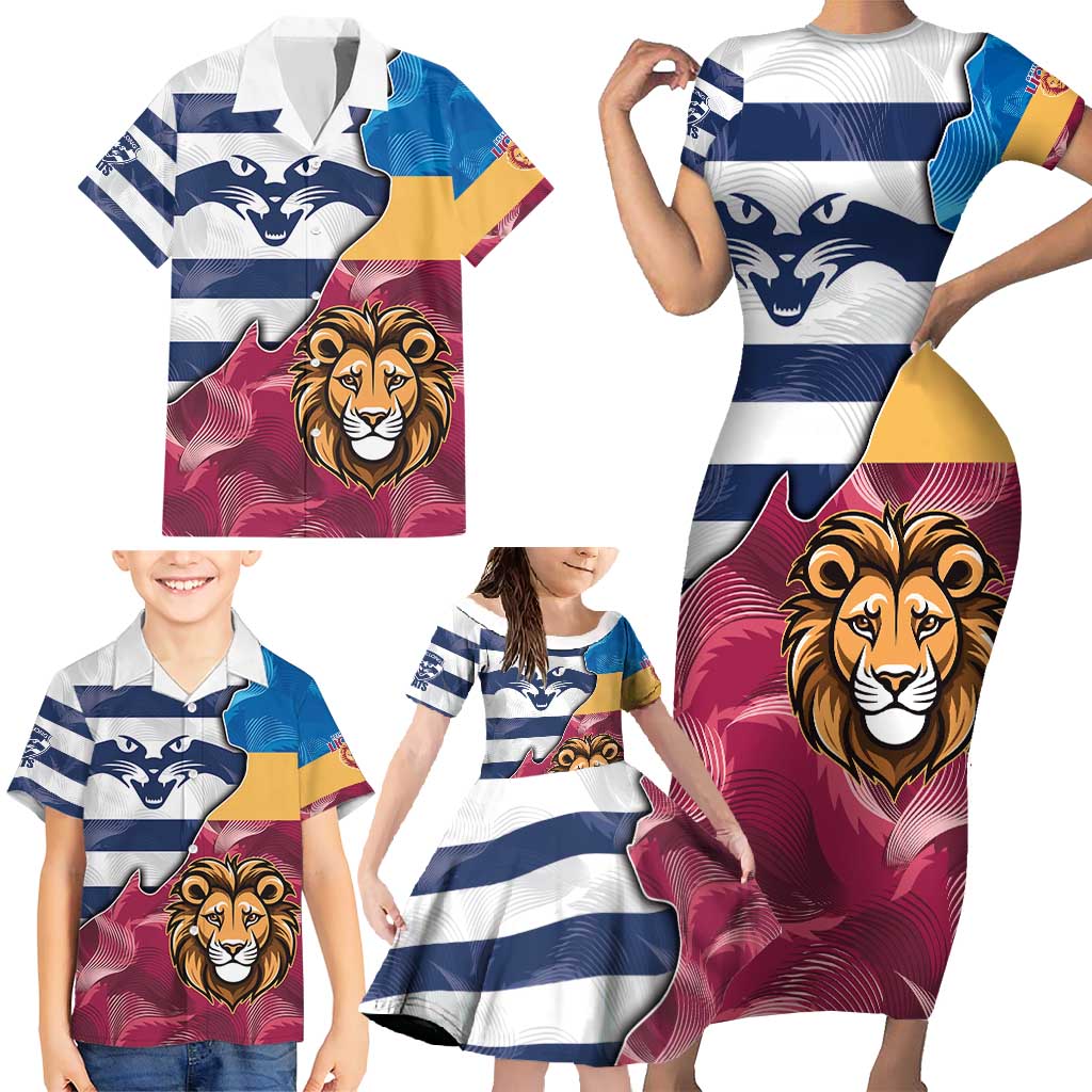 Brisbane-Geelong Football Custom Family Matching Short Sleeve Bodycon Dress and Hawaiian Shirt Cracked Metal Style