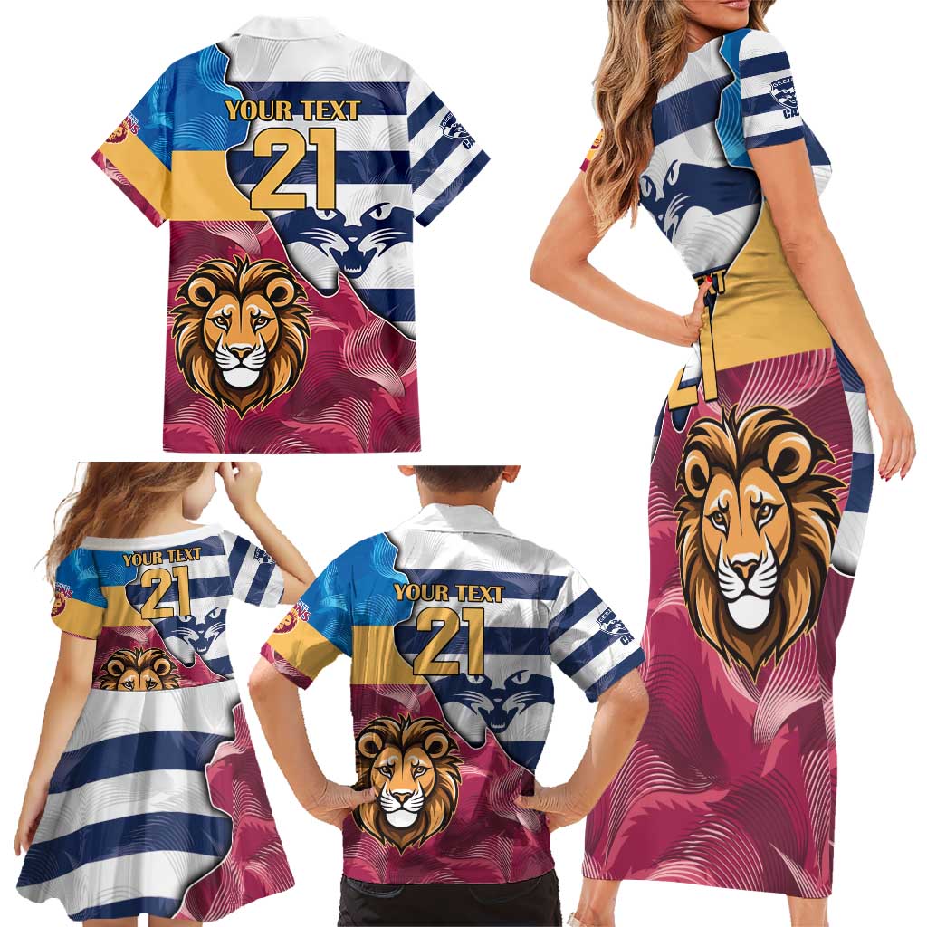 Brisbane-Geelong Football Custom Family Matching Short Sleeve Bodycon Dress and Hawaiian Shirt Cracked Metal Style
