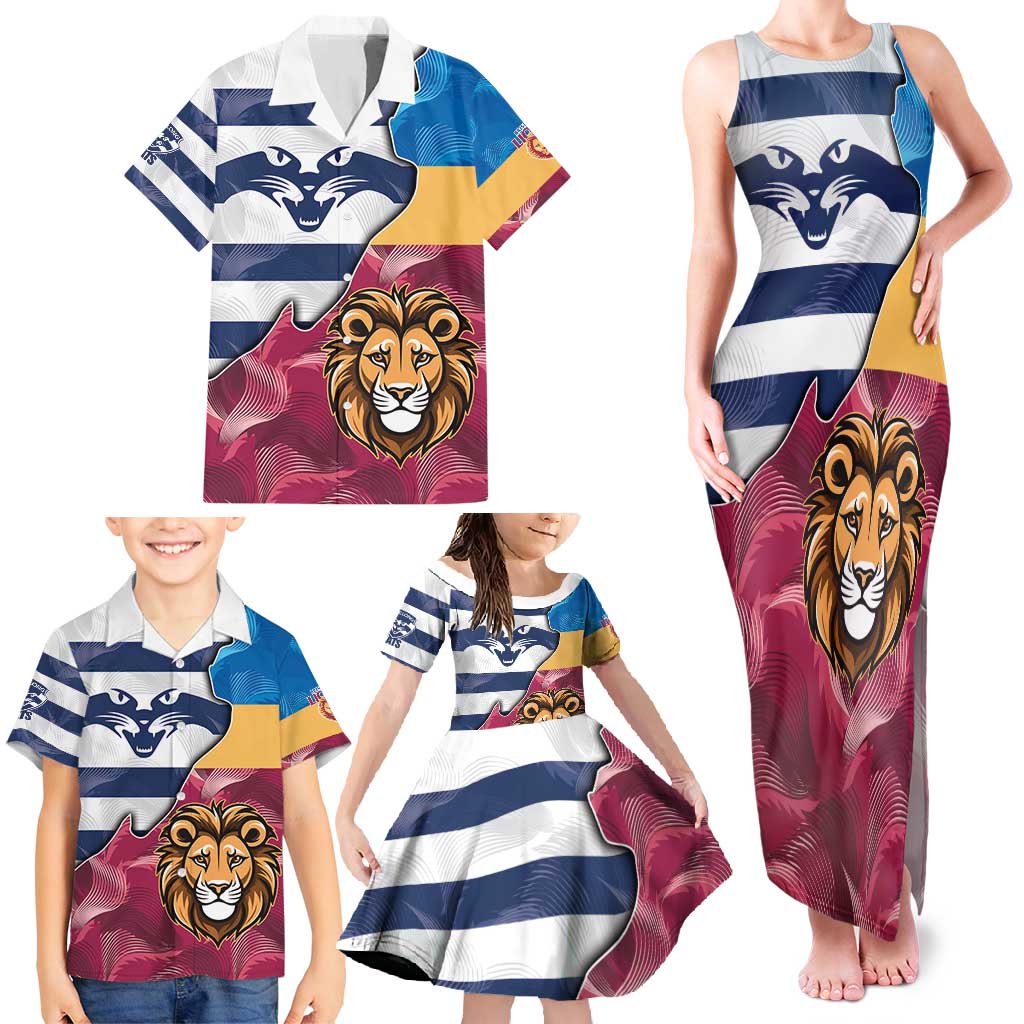 Brisbane-Geelong Football Custom Family Matching Tank Maxi Dress and Hawaiian Shirt Cracked Metal Style