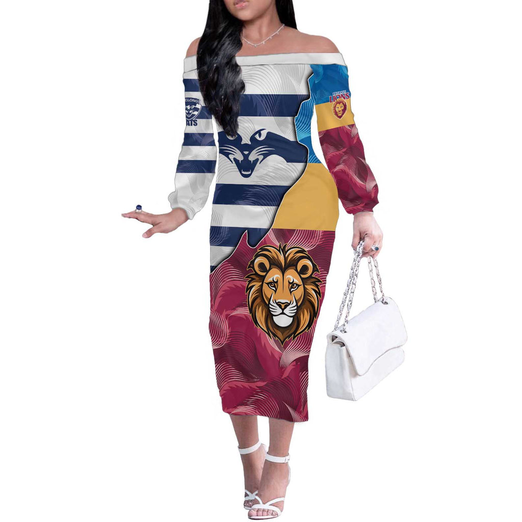 Brisbane-Geelong Football Custom Off The Shoulder Long Sleeve Dress Cracked Metal Style