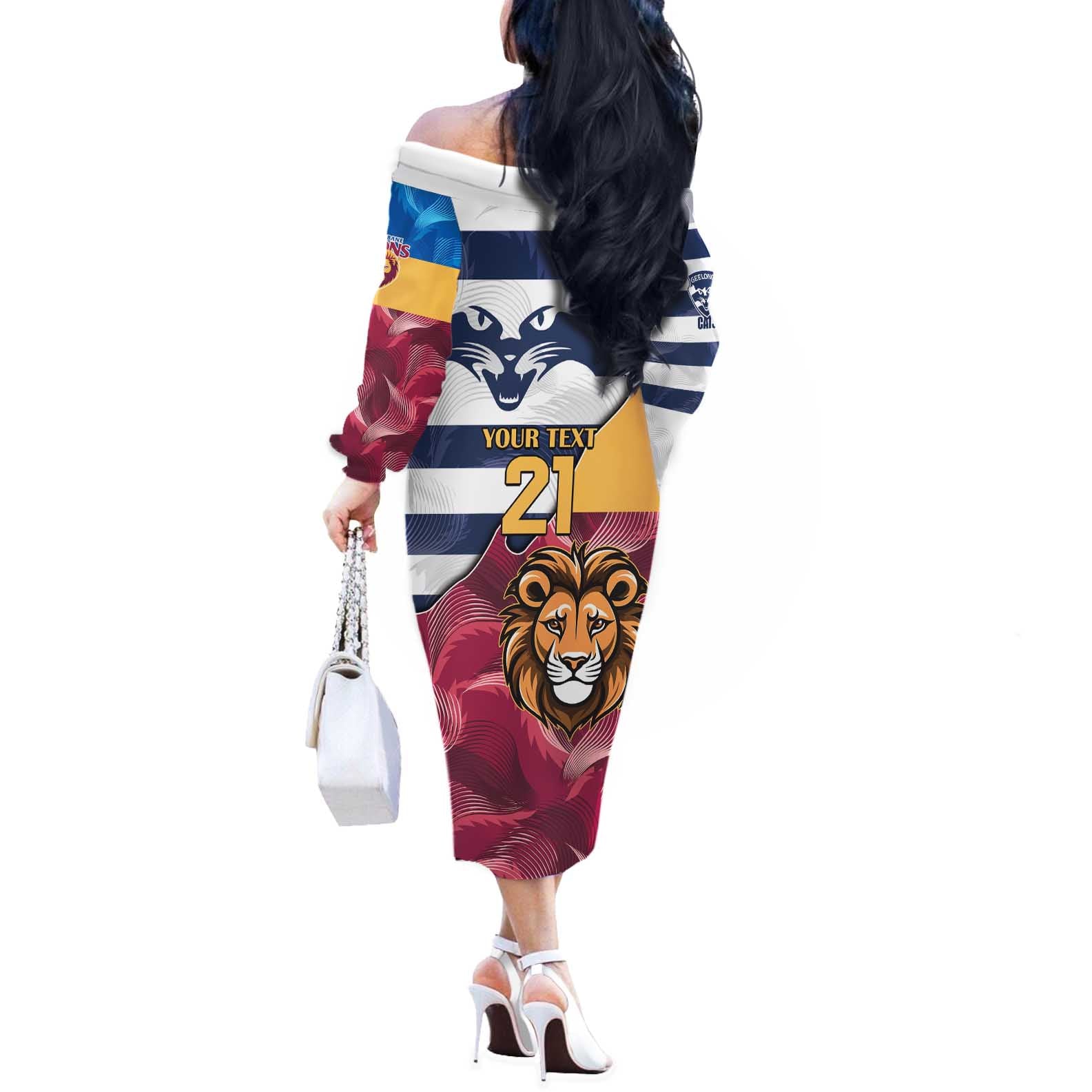 Brisbane-Geelong Football Custom Off The Shoulder Long Sleeve Dress Cracked Metal Style