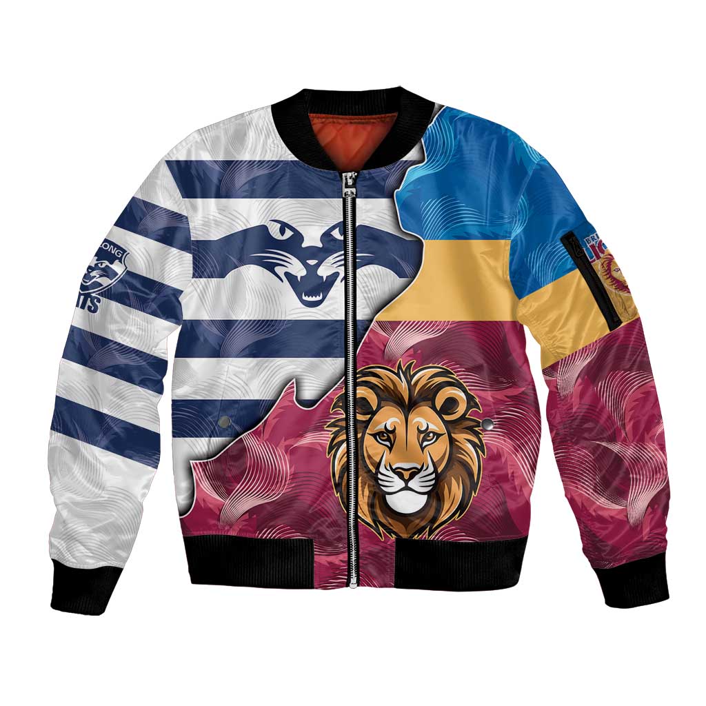 Brisbane-Geelong Football Custom Sleeve Zip Bomber Jacket Cracked Metal Style