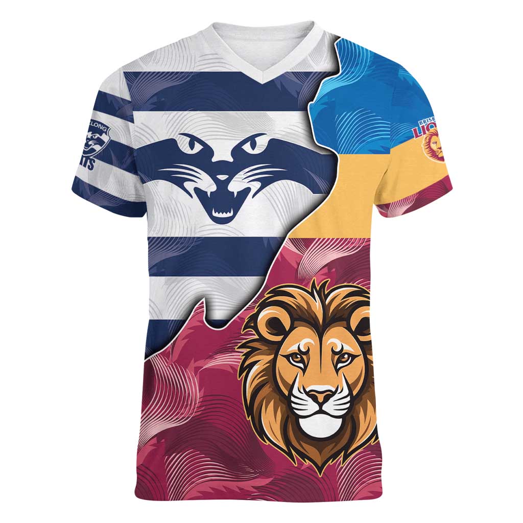 Brisbane-Geelong Football Custom Women V-Neck T-Shirt Cracked Metal Style