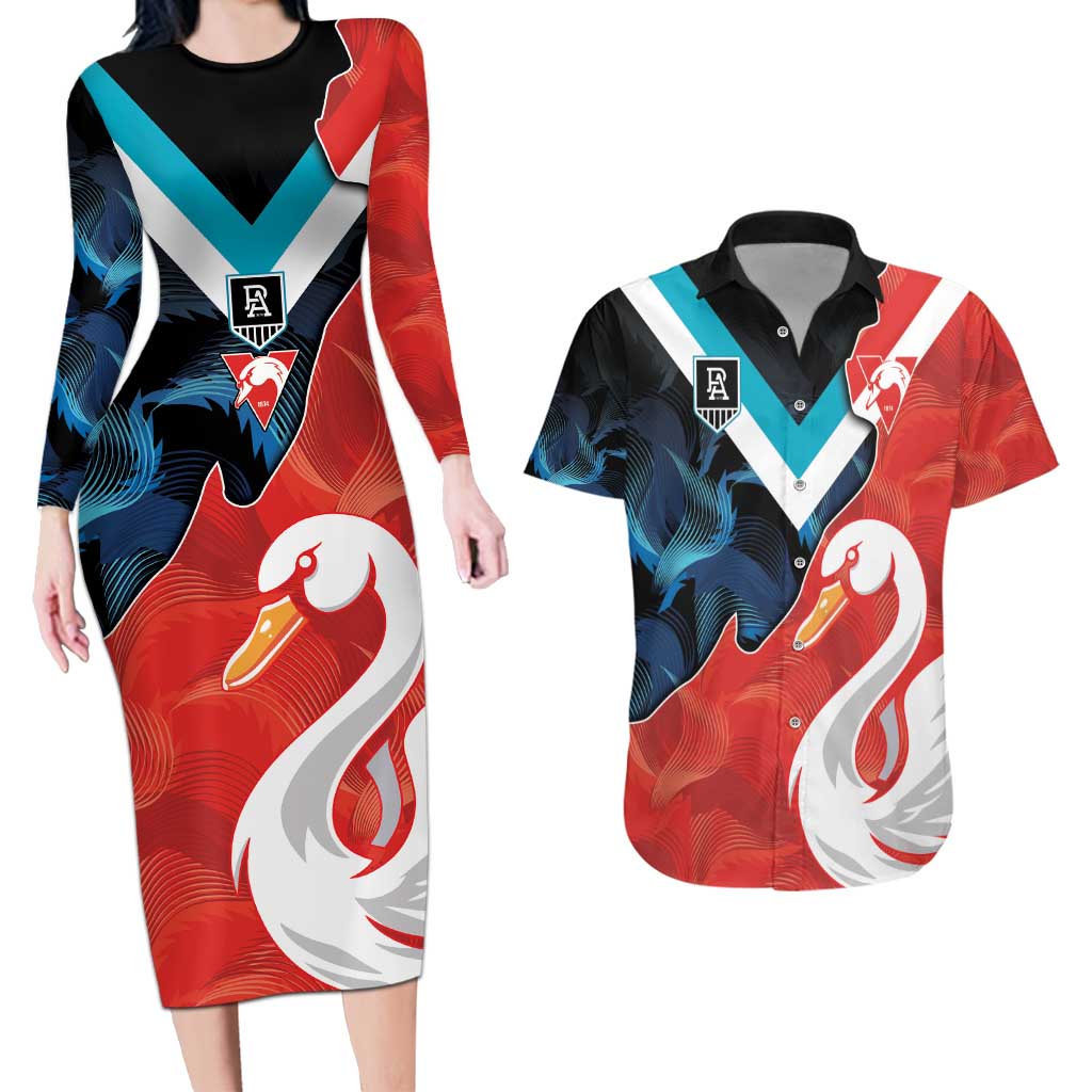 Swans-Port Adelaide Football Custom Couples Matching Long Sleeve Bodycon Dress and Hawaiian Shirt Cracked Metal Style