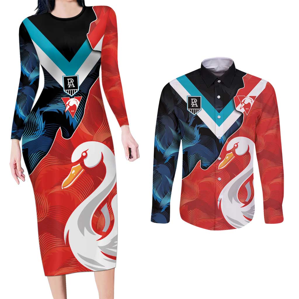 Swans-Port Adelaide Football Custom Couples Matching Long Sleeve Bodycon Dress and Long Sleeve Button Shirt Cracked Metal Style