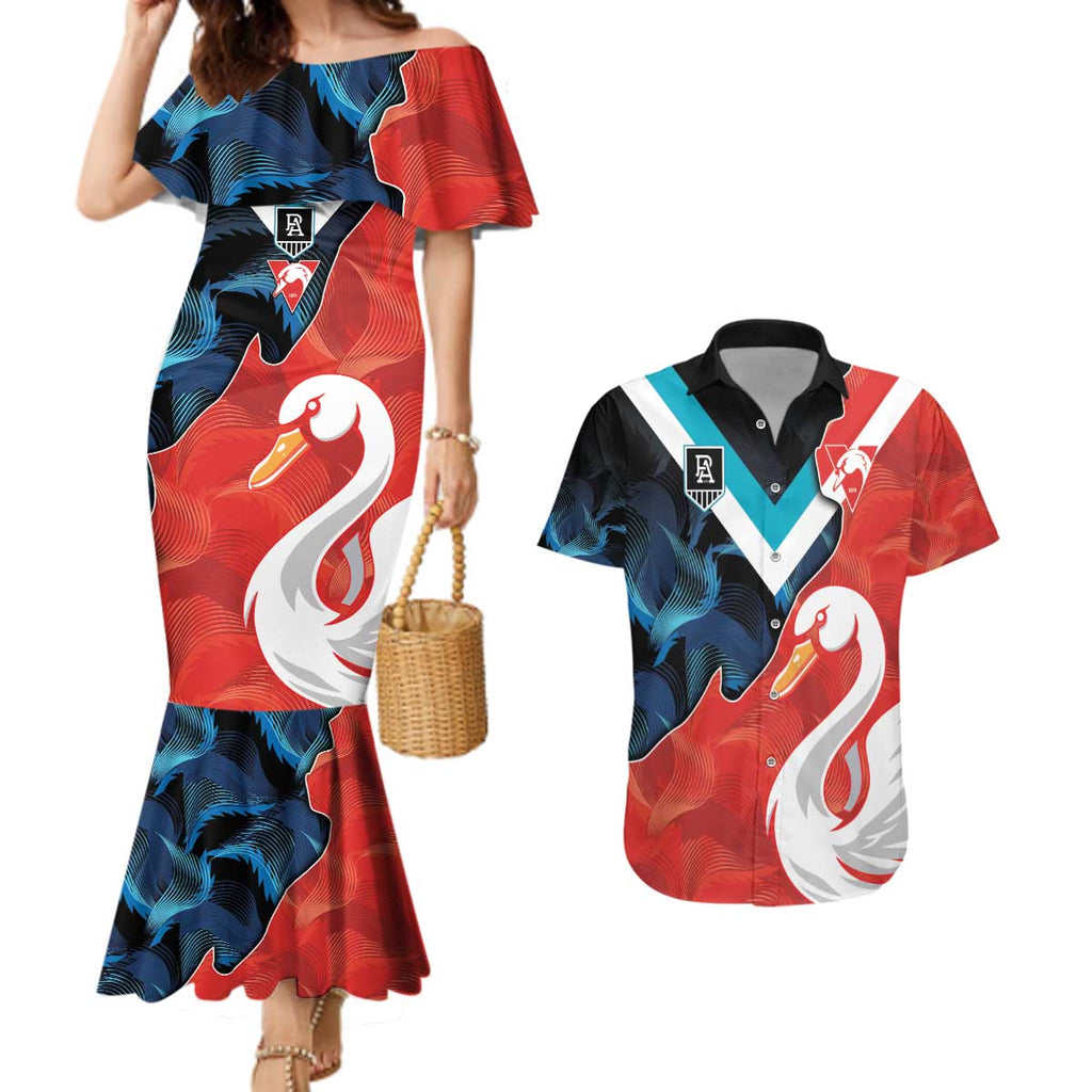Swans-Port Adelaide Football Custom Couples Matching Mermaid Dress and Hawaiian Shirt Cracked Metal Style