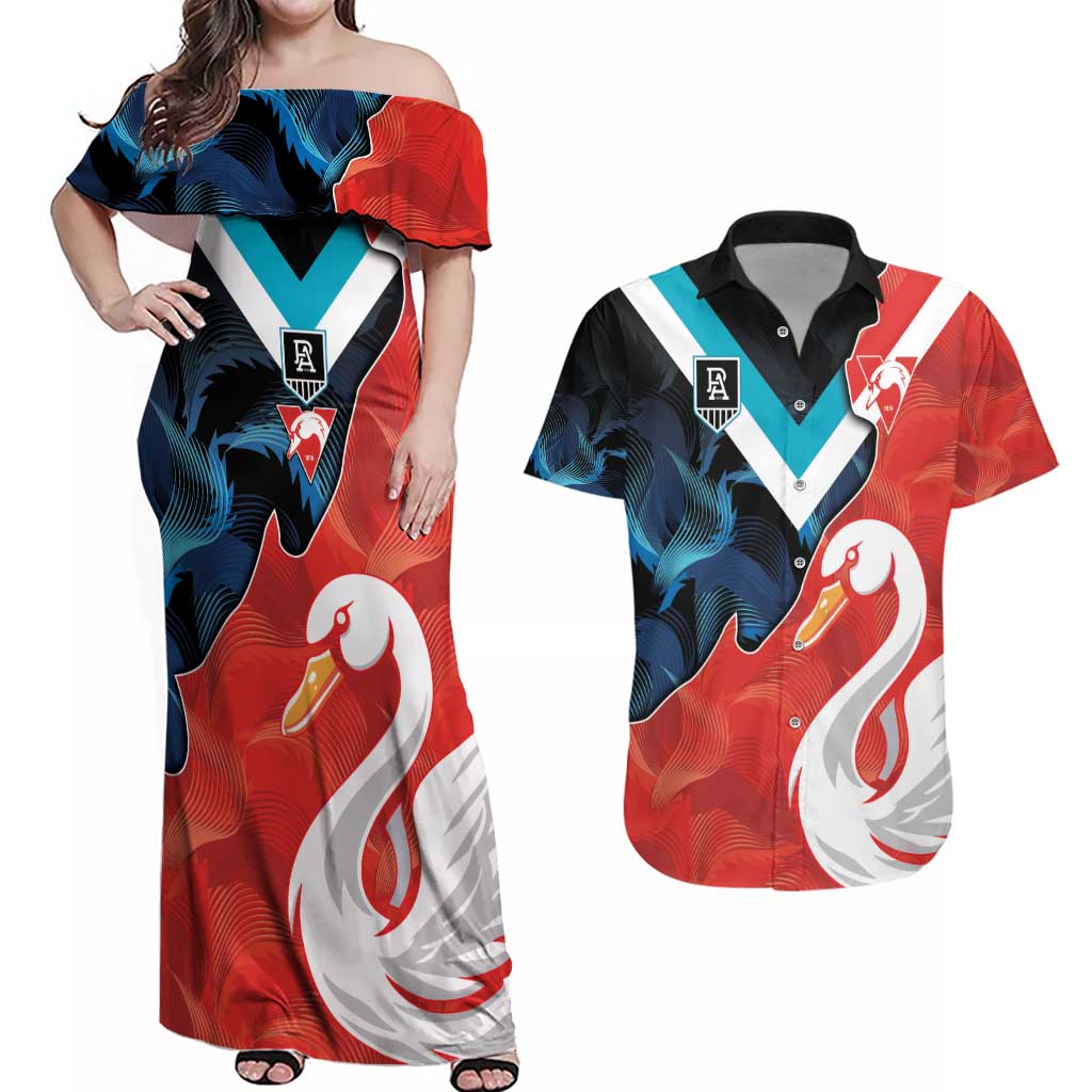 Swans-Port Adelaide Football Custom Couples Matching Off Shoulder Maxi Dress and Hawaiian Shirt Cracked Metal Style