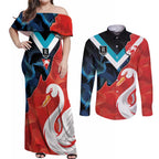 Swans-Port Adelaide Football Custom Couples Matching Off Shoulder Maxi Dress and Long Sleeve Button Shirt Cracked Metal Style