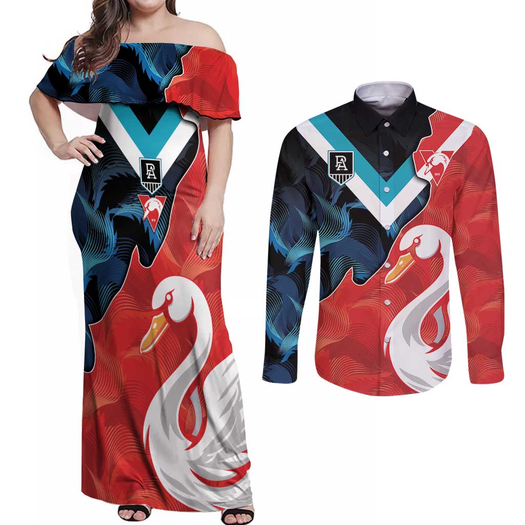 Swans-Port Adelaide Football Custom Couples Matching Off Shoulder Maxi Dress and Long Sleeve Button Shirt Cracked Metal Style