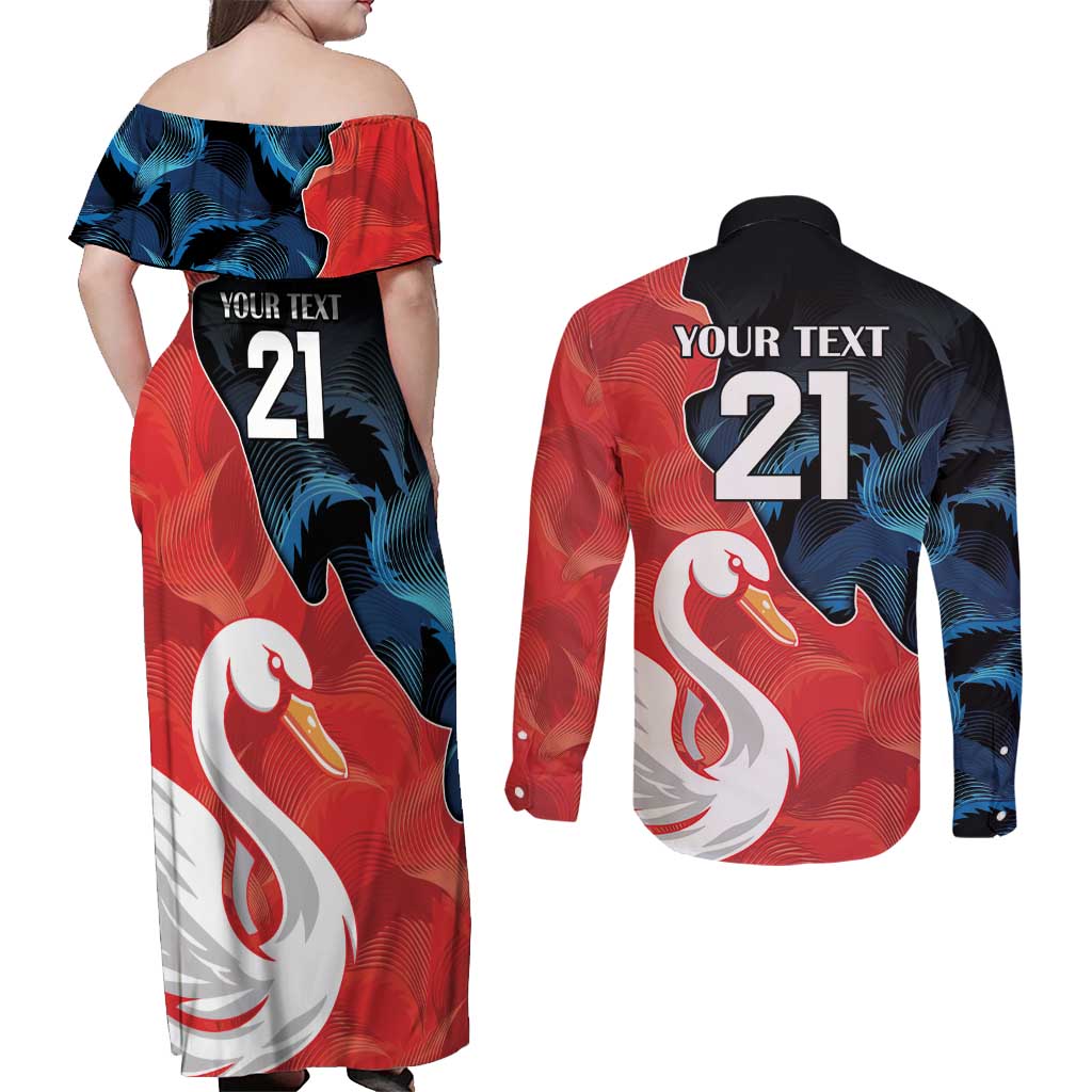 Swans-Port Adelaide Football Custom Couples Matching Off Shoulder Maxi Dress and Long Sleeve Button Shirt Cracked Metal Style
