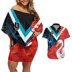Swans-Port Adelaide Football Custom Couples Matching Off Shoulder Short Dress and Hawaiian Shirt Cracked Metal Style