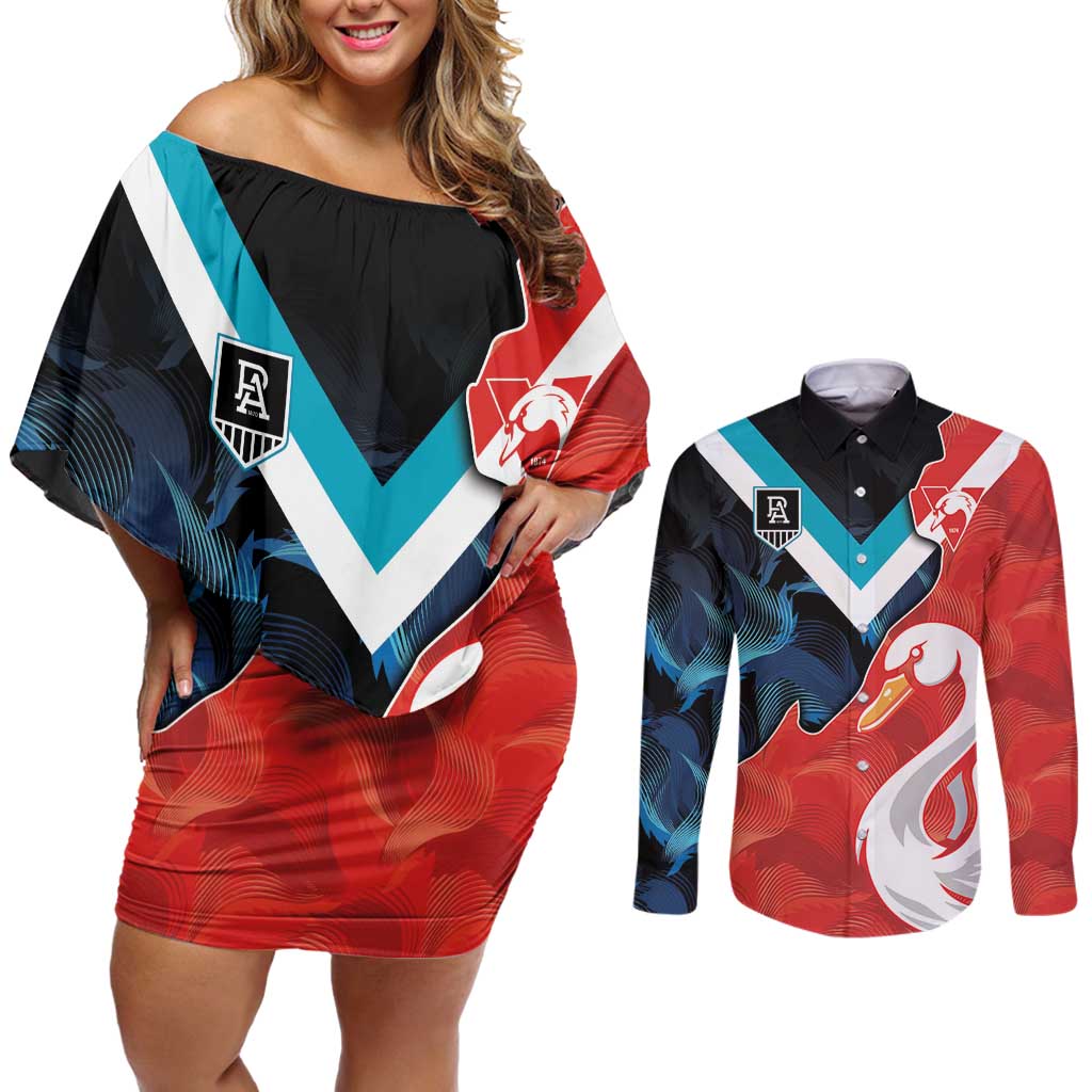 Swans-Port Adelaide Football Custom Couples Matching Off Shoulder Short Dress and Long Sleeve Button Shirt Cracked Metal Style