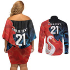 Swans-Port Adelaide Football Custom Couples Matching Off Shoulder Short Dress and Long Sleeve Button Shirt Cracked Metal Style