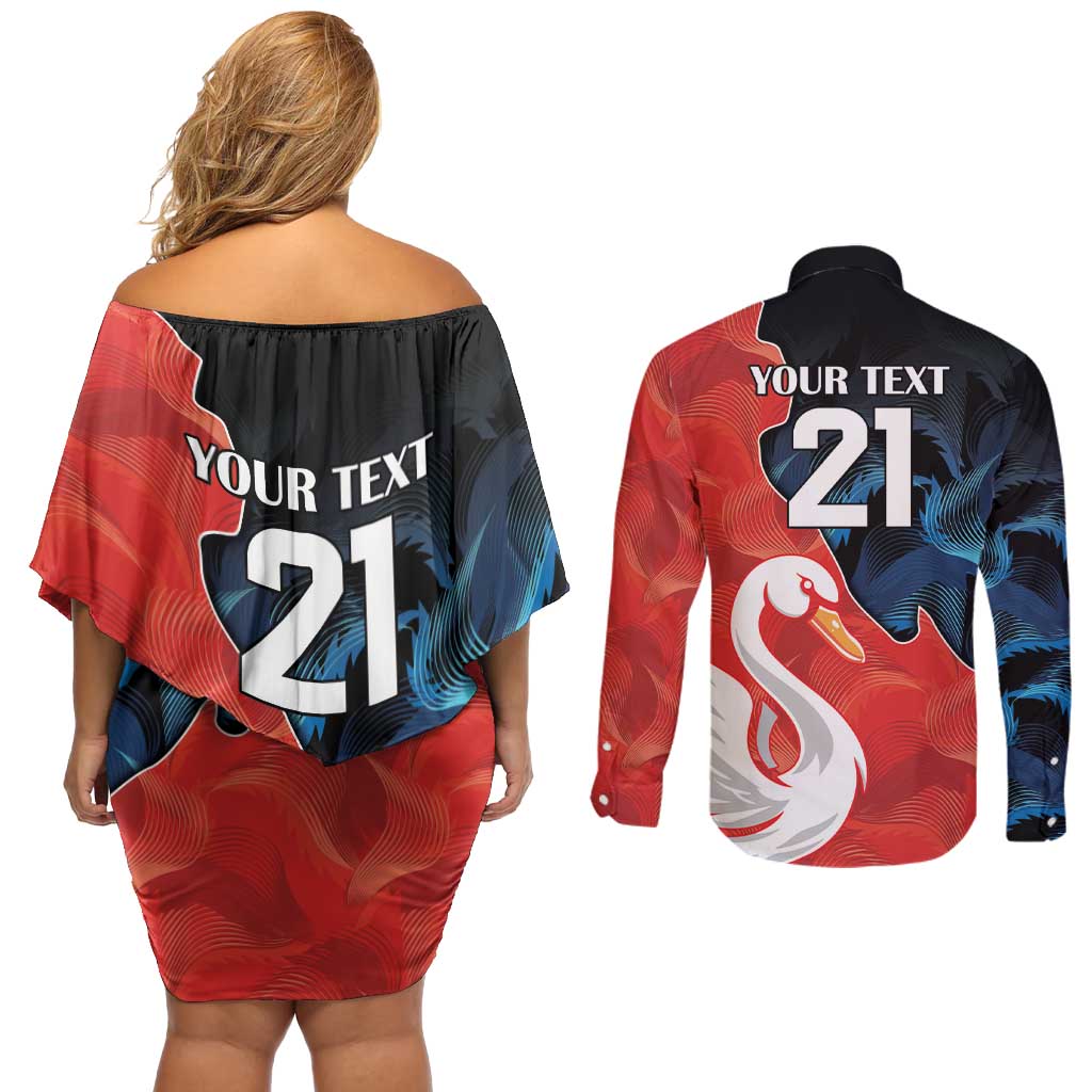 Swans-Port Adelaide Football Custom Couples Matching Off Shoulder Short Dress and Long Sleeve Button Shirt Cracked Metal Style
