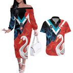 Swans-Port Adelaide Football Custom Couples Matching Off The Shoulder Long Sleeve Dress and Hawaiian Shirt Cracked Metal Style