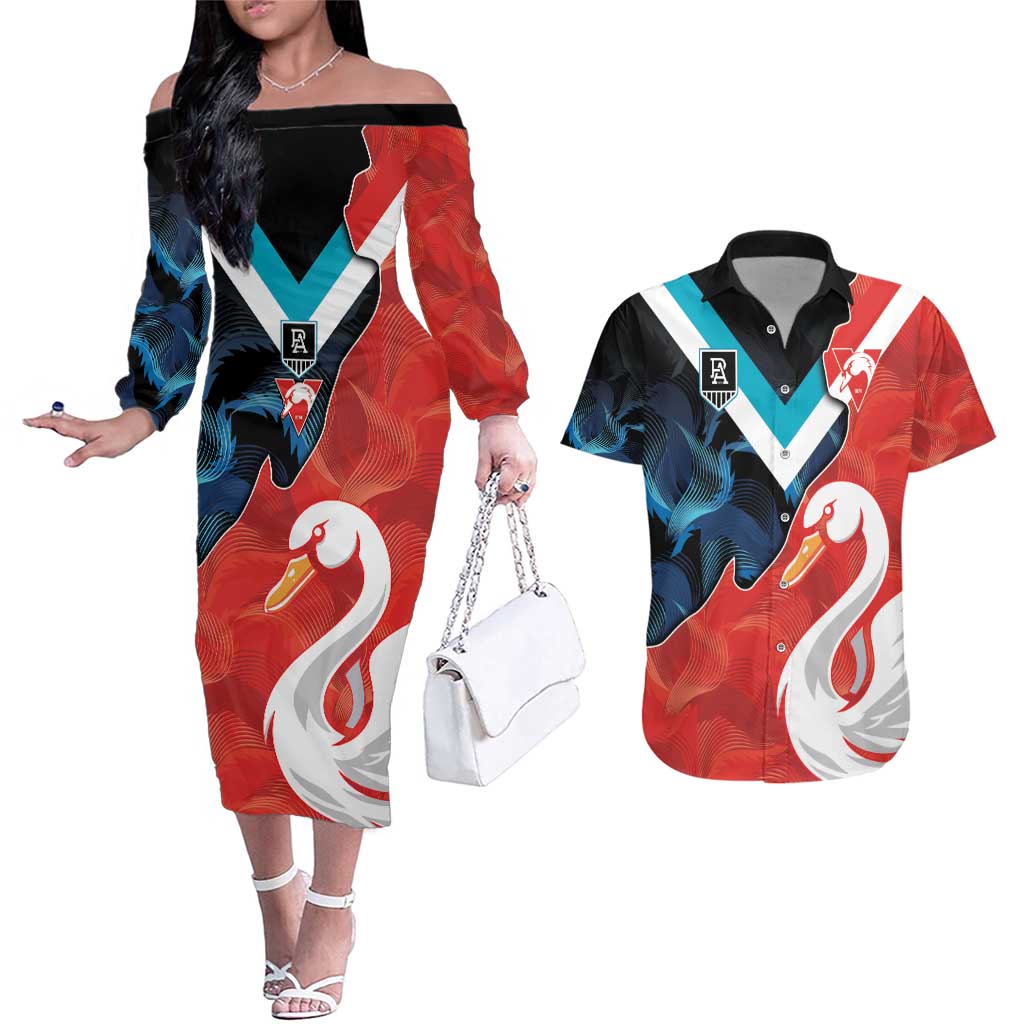 Swans-Port Adelaide Football Custom Couples Matching Off The Shoulder Long Sleeve Dress and Hawaiian Shirt Cracked Metal Style