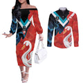 Swans-Port Adelaide Football Custom Couples Matching Off The Shoulder Long Sleeve Dress and Long Sleeve Button Shirt Cracked Metal Style