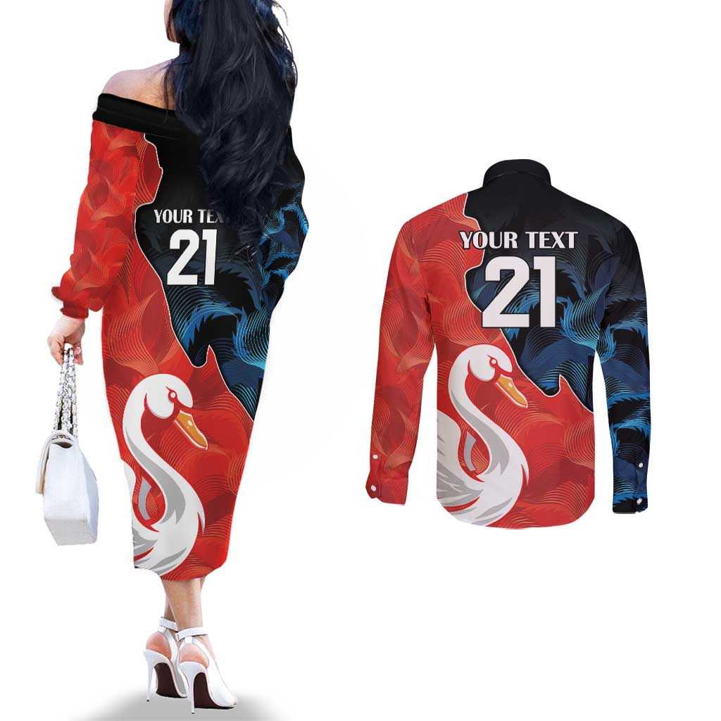 Swans-Port Adelaide Football Custom Couples Matching Off The Shoulder Long Sleeve Dress and Long Sleeve Button Shirt Cracked Metal Style