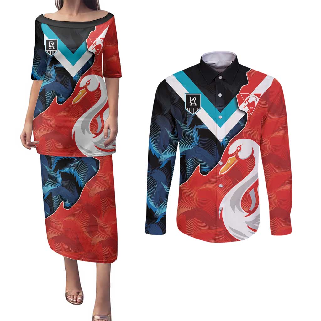 Swans-Port Adelaide Football Custom Couples Matching Puletasi and Long Sleeve Button Shirt Cracked Metal Style