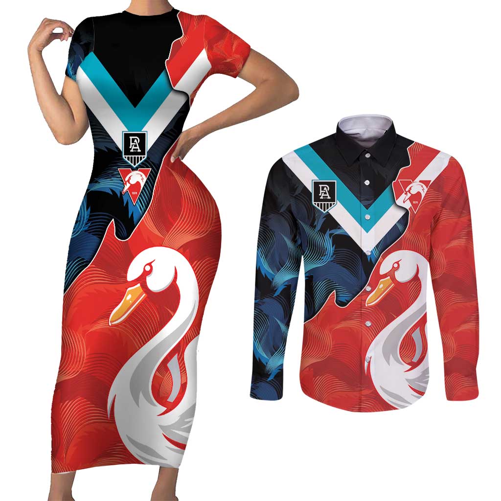 Swans-Port Adelaide Football Custom Couples Matching Short Sleeve Bodycon Dress and Long Sleeve Button Shirt Cracked Metal Style