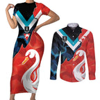 Swans-Port Adelaide Football Custom Couples Matching Short Sleeve Bodycon Dress and Long Sleeve Button Shirt Cracked Metal Style
