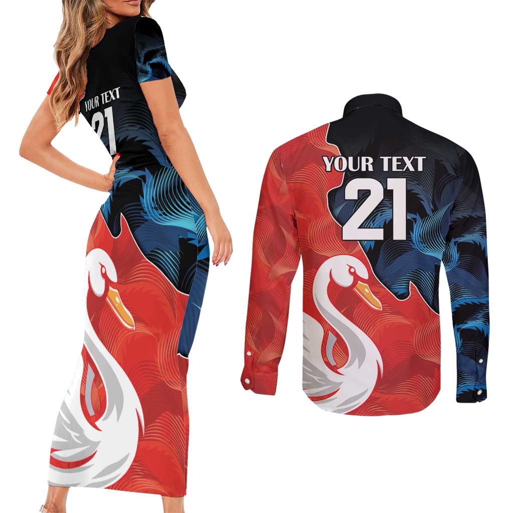 Swans-Port Adelaide Football Custom Couples Matching Short Sleeve Bodycon Dress and Long Sleeve Button Shirt Cracked Metal Style