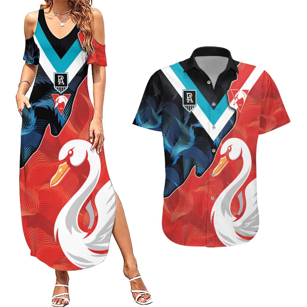 Swans-Port Adelaide Football Custom Couples Matching Summer Maxi Dress and Hawaiian Shirt Cracked Metal Style
