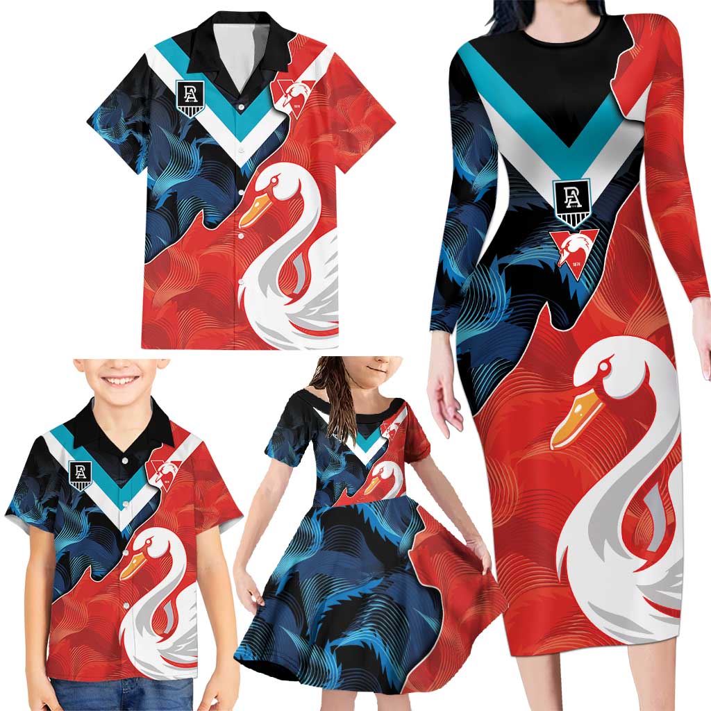 Swans-Port Adelaide Football Custom Family Matching Long Sleeve Bodycon Dress and Hawaiian Shirt Cracked Metal Style