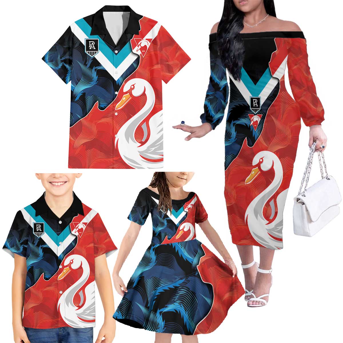 Swans-Port Adelaide Football Custom Family Matching Off The Shoulder Long Sleeve Dress and Hawaiian Shirt Cracked Metal Style