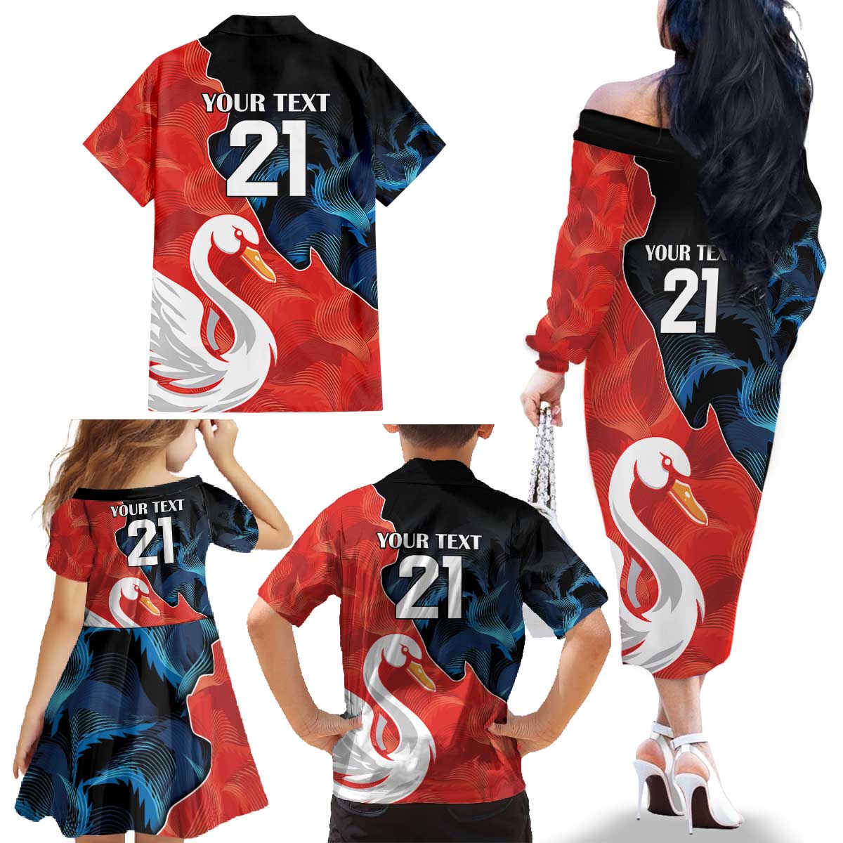 Swans-Port Adelaide Football Custom Family Matching Off The Shoulder Long Sleeve Dress and Hawaiian Shirt Cracked Metal Style