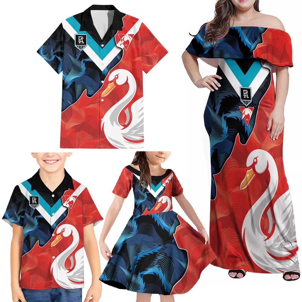 Swans-Port Adelaide Football Custom Family Matching Off Shoulder Maxi Dress and Hawaiian Shirt Cracked Metal Style