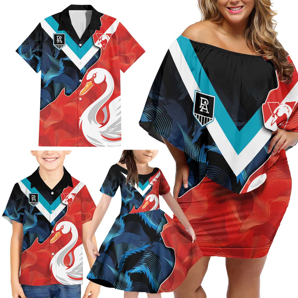 Swans-Port Adelaide Football Custom Family Matching Off Shoulder Short Dress and Hawaiian Shirt Cracked Metal Style