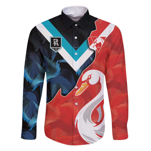 Swans-Port Adelaide Football Custom Family Matching Off Shoulder Short Dress and Hawaiian Shirt Cracked Metal Style