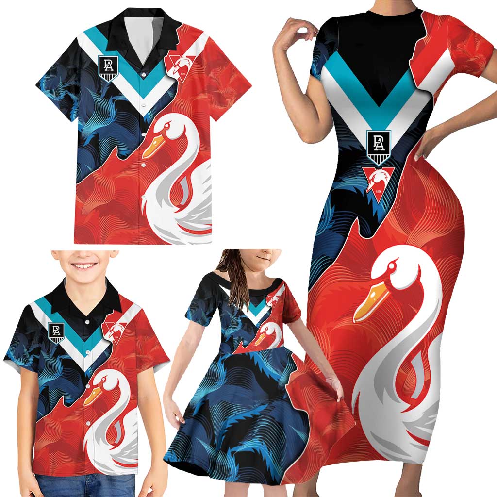 Swans-Port Adelaide Football Custom Family Matching Short Sleeve Bodycon Dress and Hawaiian Shirt Cracked Metal Style