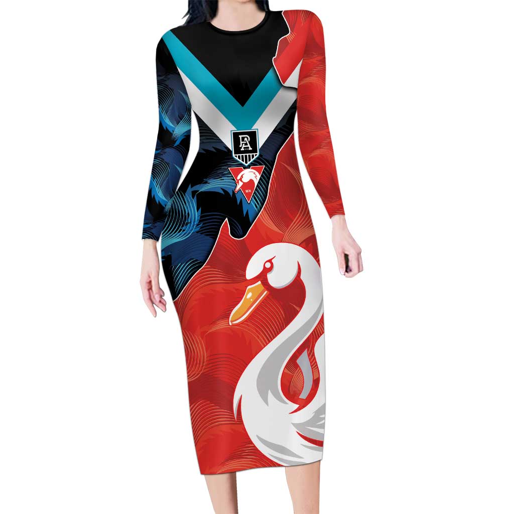 Swans-Port Adelaide Football Custom Long Sleeve Bodycon Dress Cracked Metal Style