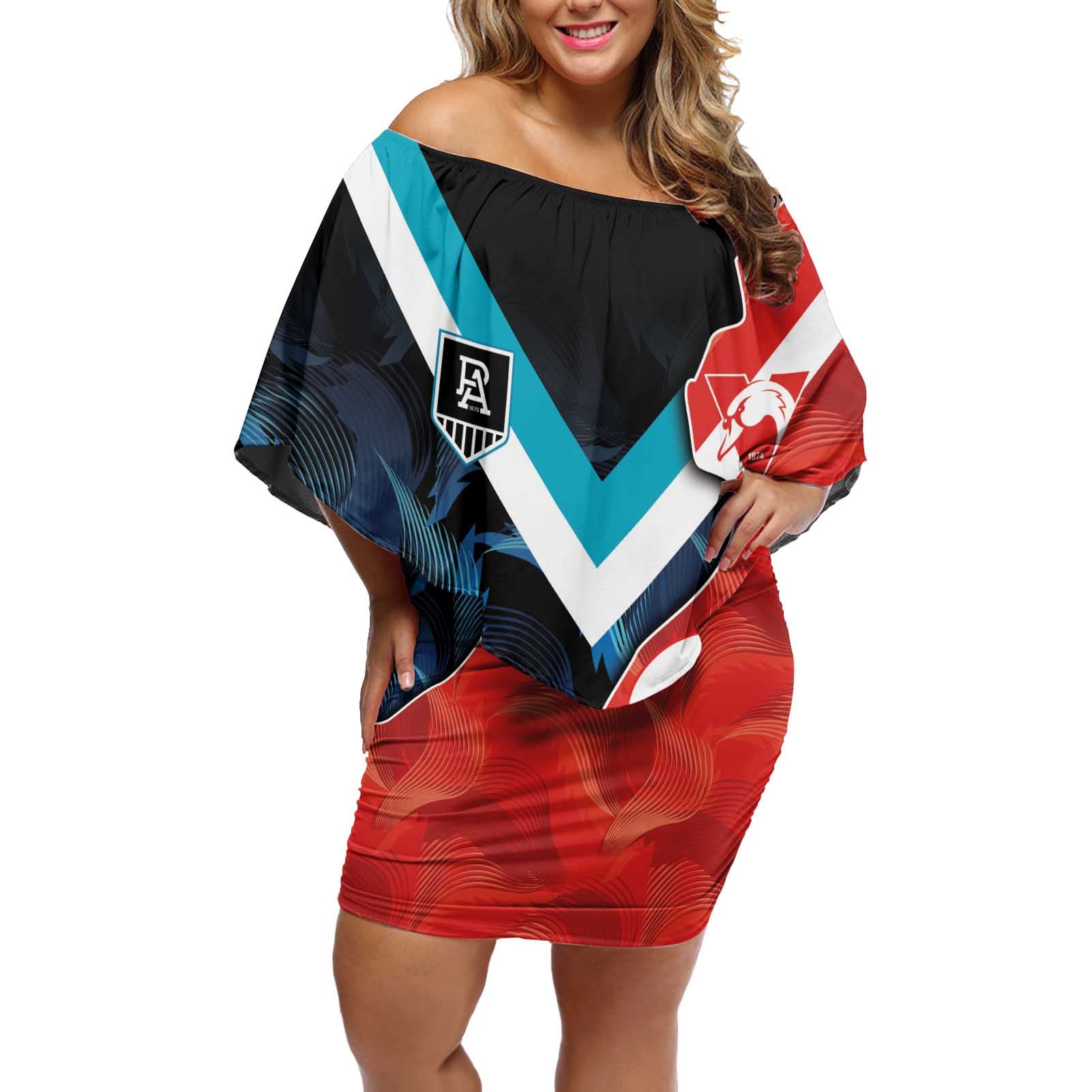 Swans-Port Adelaide Football Custom Off Shoulder Short Dress Cracked Metal Style