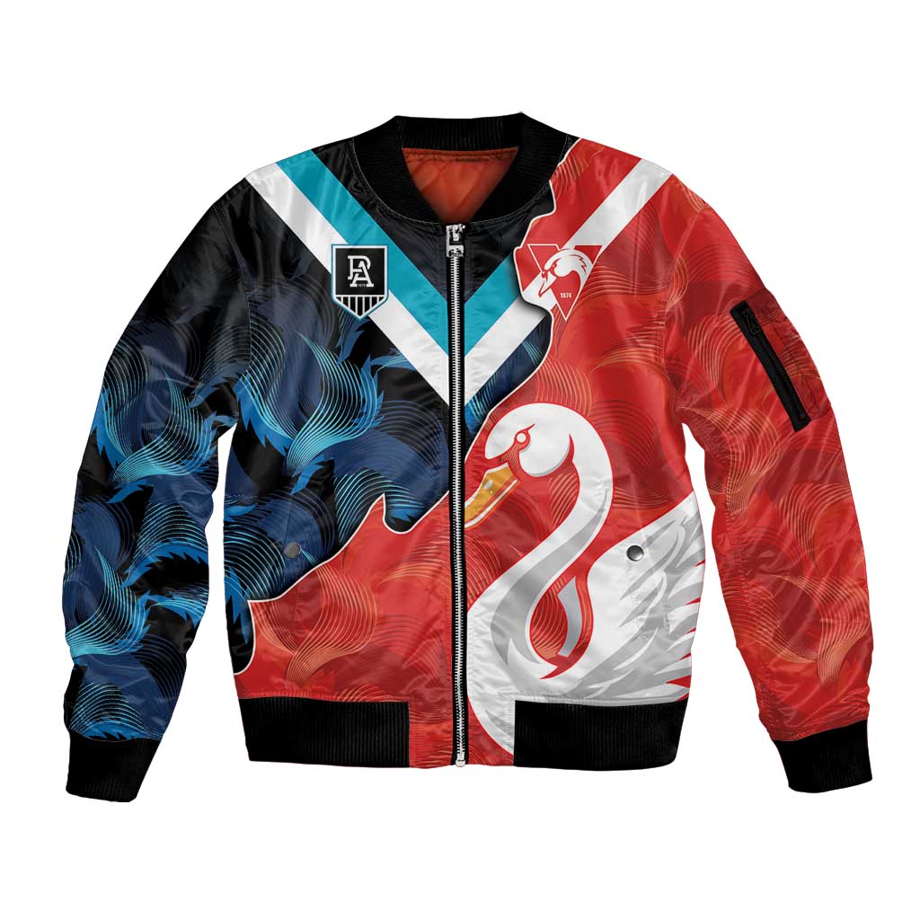 Swans-Port Adelaide Football Custom Sleeve Zip Bomber Jacket Cracked Metal Style